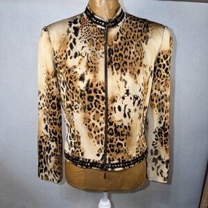 Alberto Makali Women Leopard Animal Print Zip Textured Short Blazer Jacket Sz 10